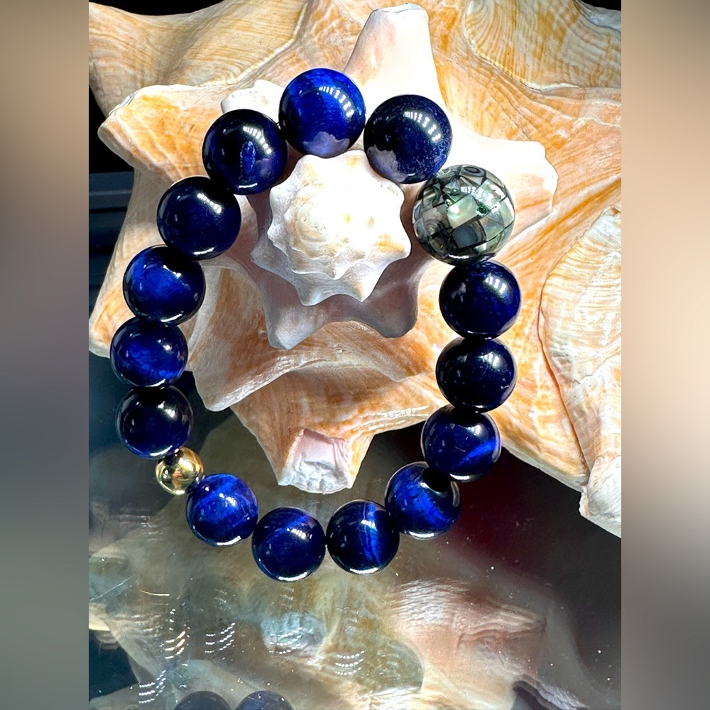 DARK BLUE TIGERS EYE + ABALONE NATURAL STONES BRACELET size 7”